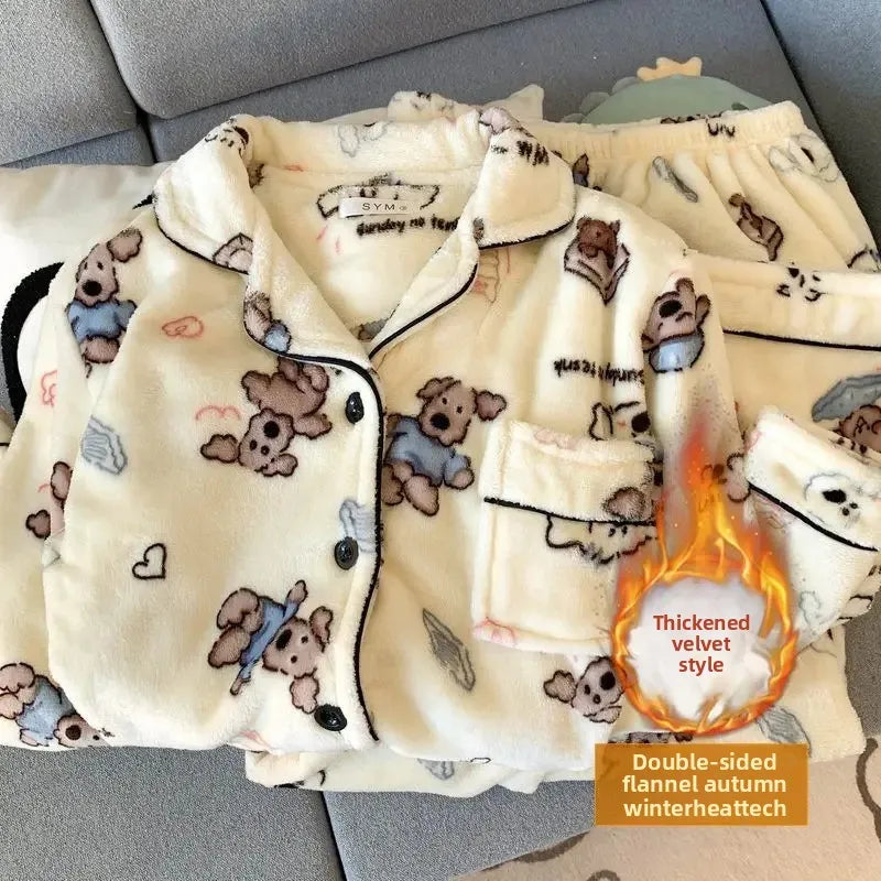 Plus Size Fluffy Winter Pajamas Women's Home Clothes Set Thickened Warmth Sleepwear with Running Dogs Design Cozy Indoor Suit