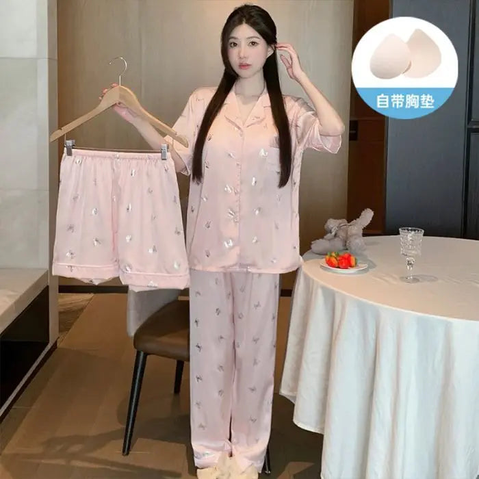 Women's padded pajamas spring and summer three-piece silk home clothes can be worn outside