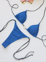 Sexy Triangle Bikini 2025 Women Blue Metal Chain Push Up Micro Swimsuit Summer Bathing Suit Tie Side Thong Swimwear Biquini