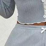 Womens Lace Trim Ribbed Knit Pajamas Set Long Sleeve Crop Top Wide Leg Pants Lounge Set 2 Piece Sleepwear