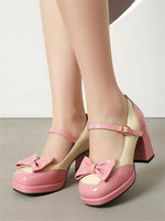 Plus Size 32-48 Sweet Lolita Patent Leather Mary Jane Shoes Women Gothic Square Toe Bow Tie Platform Chunky Heels Brogue Pumps