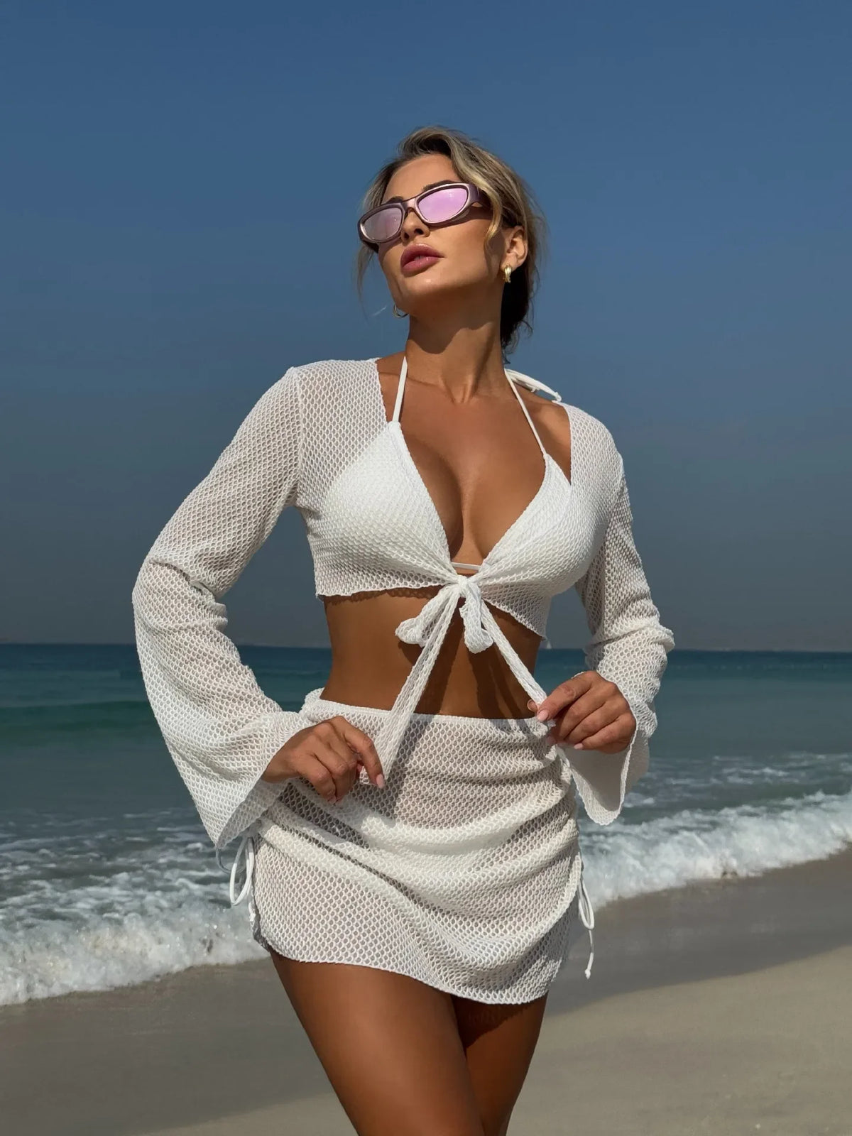 Summer 4 Piece Bikini Set 2025 Women Sexy Black Long Sleeve Cover Up and Skirt Swimsuit Beach Bathing Suit Holiday Swimwear