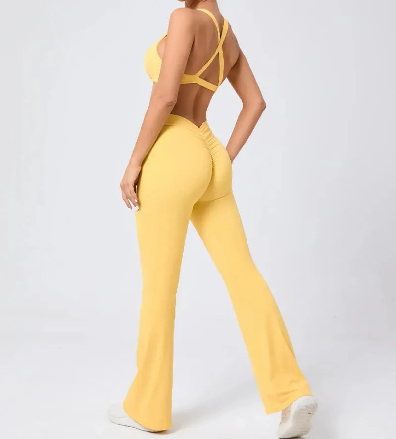 Women's Seamless Yoga Sets Brushed Fabric Flared Hip-Lifting Pants Cross Beauty Back Bra Suits Gym Workout Fitness Training Sets