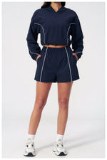 Summer Sun Protection Yoga Suit Women Contrasting Colors Long Sleeve Hoodies Top High Waist Shorts Running Fitness Athletic Wear
