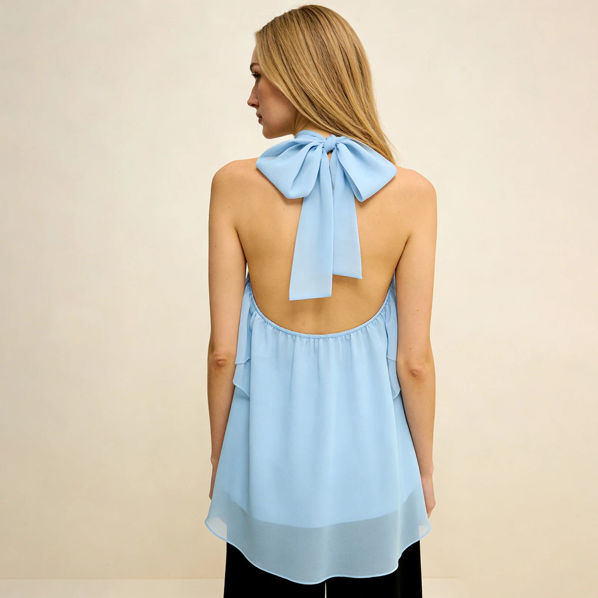 Women Summer Trendy Asymmetrical Layered Backless Shirts Solid Color Chiffon Halter Tops for Streetwear