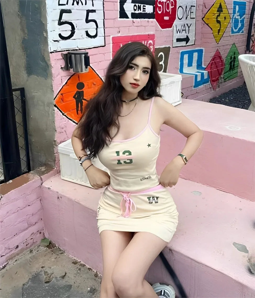 Hot Girl Two-piece Suit Printed Slimming Suspender Low Waist Drawstring Short Skirt Suit