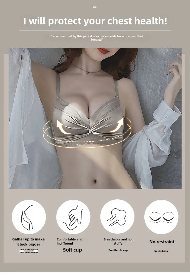 MOYISU Lingerie Women's Small Chest Gathering Summer No Underwire Retraction Breast Anti-sag Flat Bra Cover Underwear Set