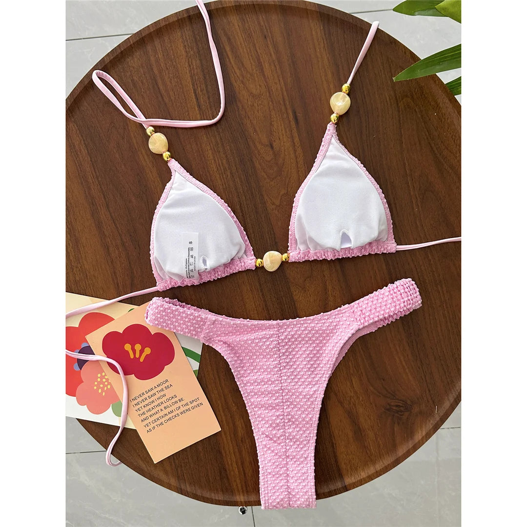 Wrinkled Crinkled Halter Bikini Female Swimsuit Women Swimwear Two-pieces Bikini set Brazilian Bather Bathing Suit Swim V8134