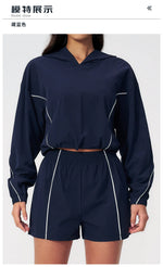 Summer Sun Protection Yoga Suit Women Contrasting Colors Long Sleeve Hoodies Top High Waist Shorts Running Fitness Athletic Wear