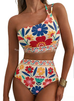 Women Sexy High Waist Split Swimsuit Lace Up Floral Bikini Set Summer Two-piece Beachwear Bathing Suit Thong Biquinis