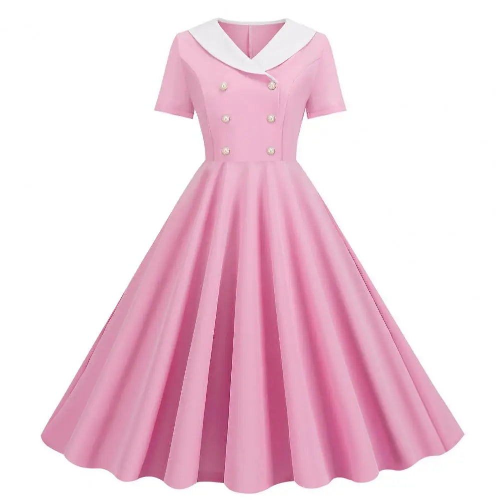 Women Prom Party Dress Vinatge 50s Evening Dress A-line Big Swing Short Sleeve V Neck Fake Double-breasted Lady Midi Dress