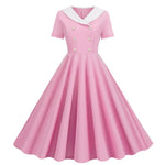 Women Prom Party Dress Vinatge 50s Evening Dress A-line Big Swing Short Sleeve V Neck Fake Double-breasted Lady Midi Dress