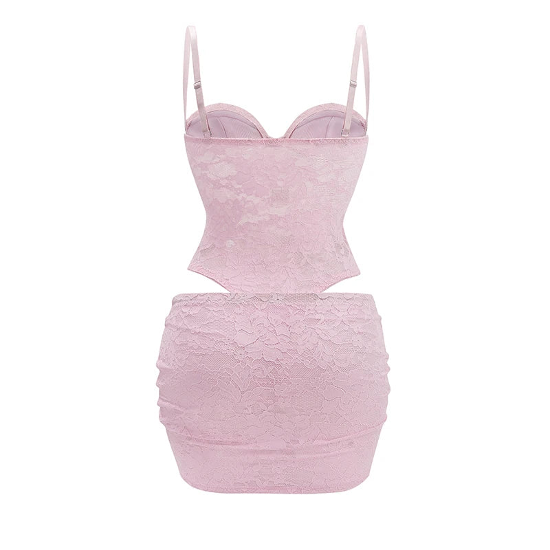 Sexy Women Pink Lace 2 Pieces Set Spaghetti Strap Bodysuit and Ruched Bodyon Mini Skirt Sweetheart Neck Club Party Daily Outwear