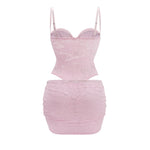 Sexy Women Pink Lace 2 Pieces Set Spaghetti Strap Bodysuit and Ruched Bodyon Mini Skirt Sweetheart Neck Club Party Daily Outwear