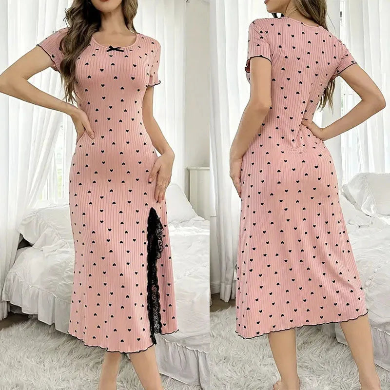 Womens Heart Print Ribbed Nightgown Sexy Lace High Slit Bodycon Midi Sleep Dress Short Sleeve Cute Y2K Style Loungewear Homewear