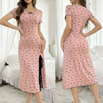 Womens Heart Print Ribbed Nightgown Sexy Lace High Slit Bodycon Midi Sleep Dress Short Sleeve Cute Y2K Style Loungewear Homewear