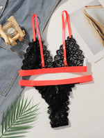 Women Contrast Strap Lace Lingerie Set Deep V Bralette & Thong 2 Pieces Sexy See Through Floral Lace Intimate Underwear C3075