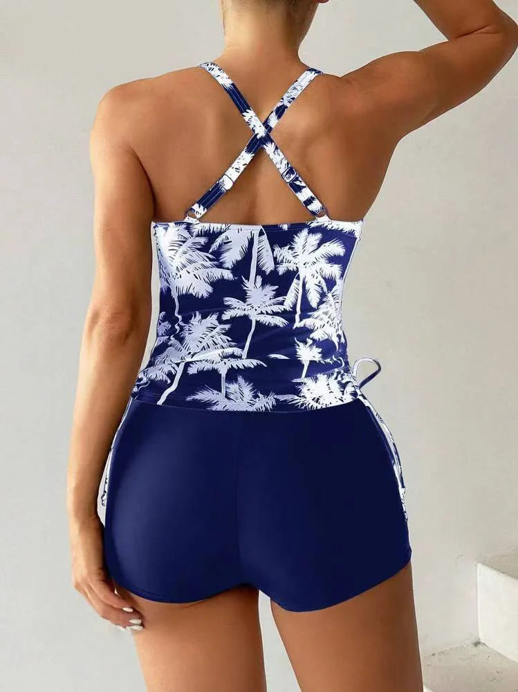 High Waist Swimwear Women 2025 New Two Pieces Swimsuit with Shorts Coconut Palm Print Tankini Set Summer Bathing Suit Trunks