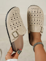 Women Hollow Out Clogs Slippers Perforated Cork Sole Flat Mules Buckle Closed Toe Breathable Indoor Outdoor Summer Shoes