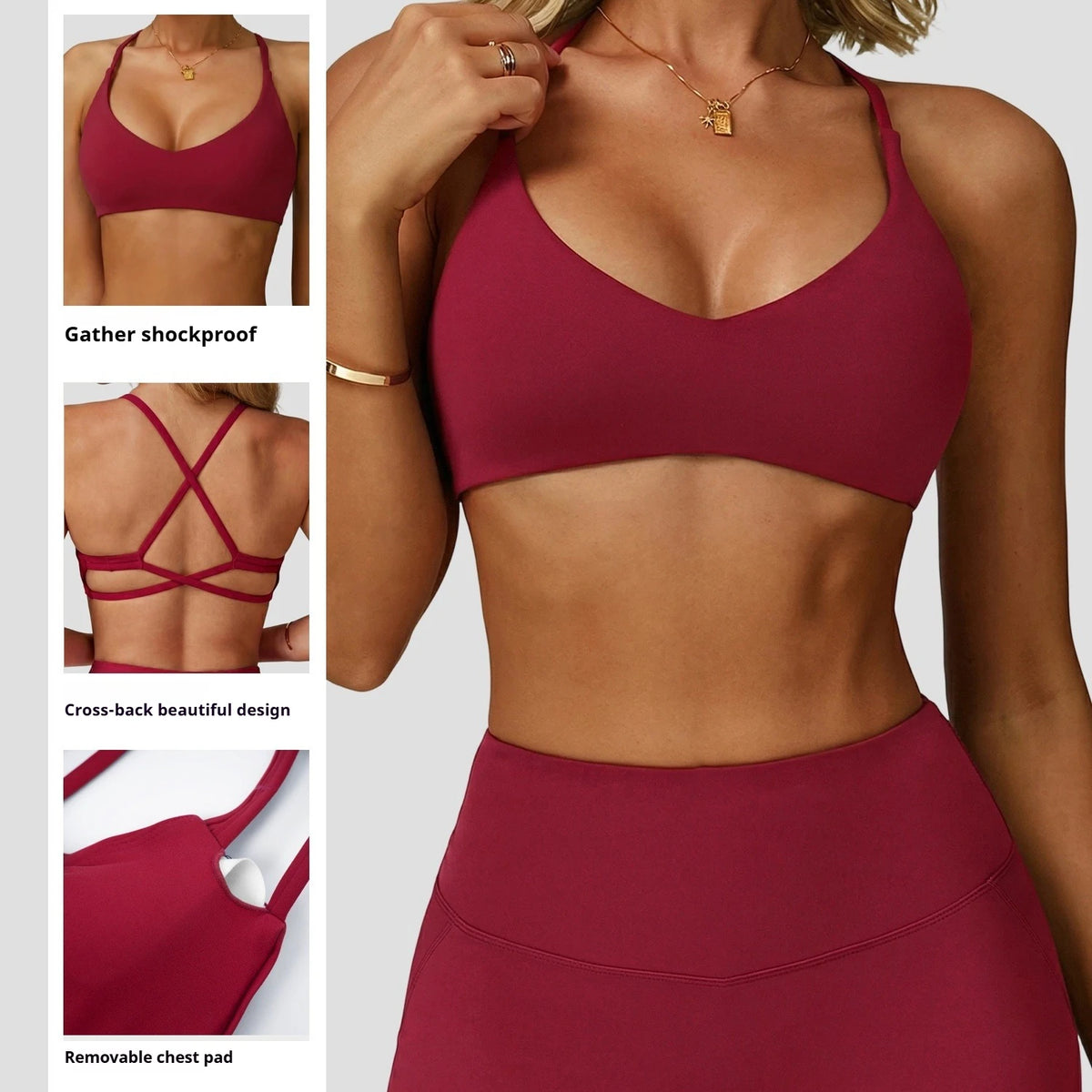 Sports Bra HighSupport Women Gym Underwear Push-up Back Cross Yoga Crop Top Running Workout Fitness Pilates Solid Color