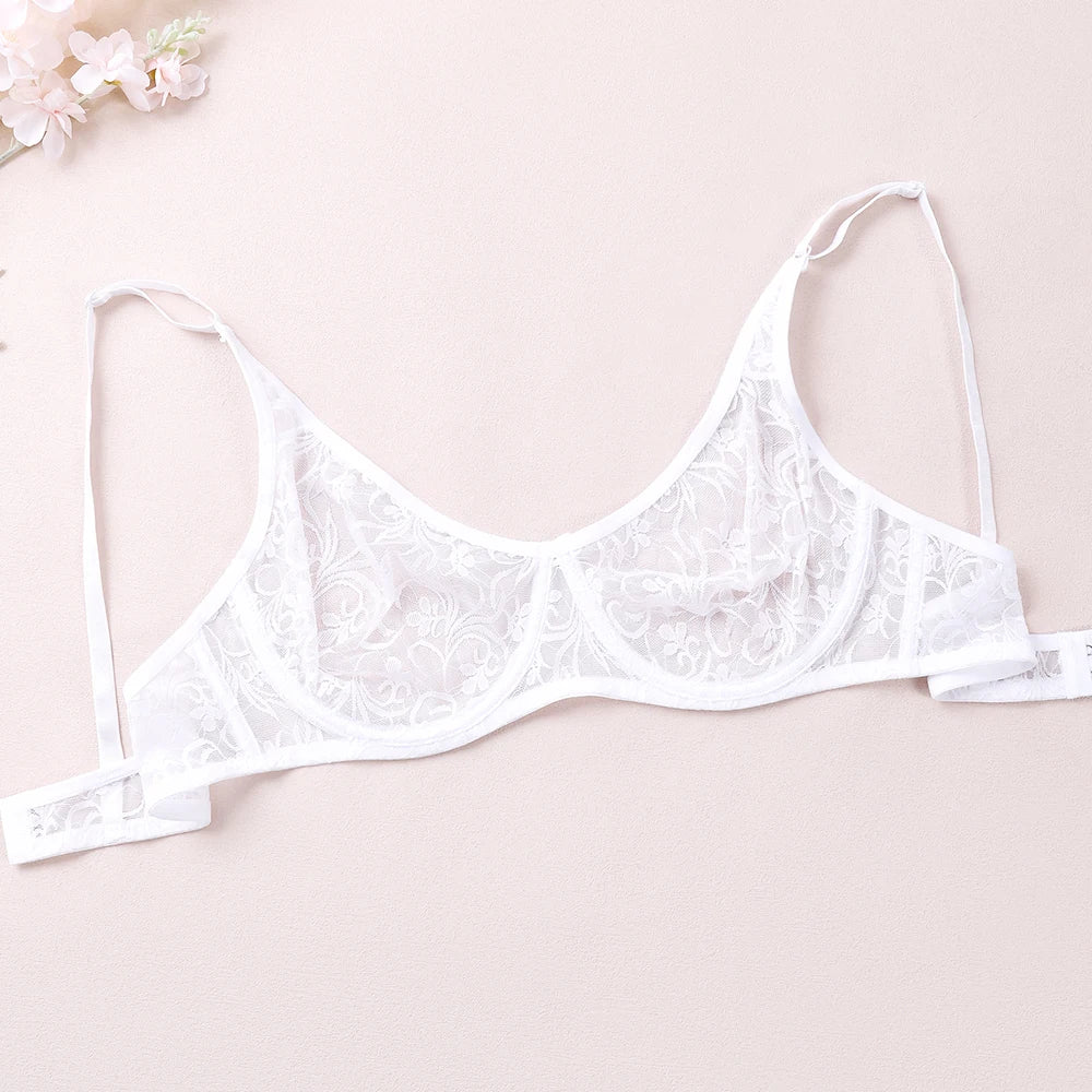 Sexy Lace Bras Transparent Ultra-Thin Sissy Lingerie Bra for Women See Through Embroidery Hollowed Out Brasserie A B C D DD Cup