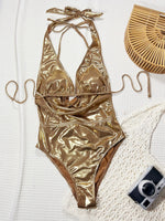DEKA Deep V Gold Backless Swimwear One Piece Swimsuit Women High Leg Cut Bathing Suit Monokini Back String Cross Swim Beach Wear