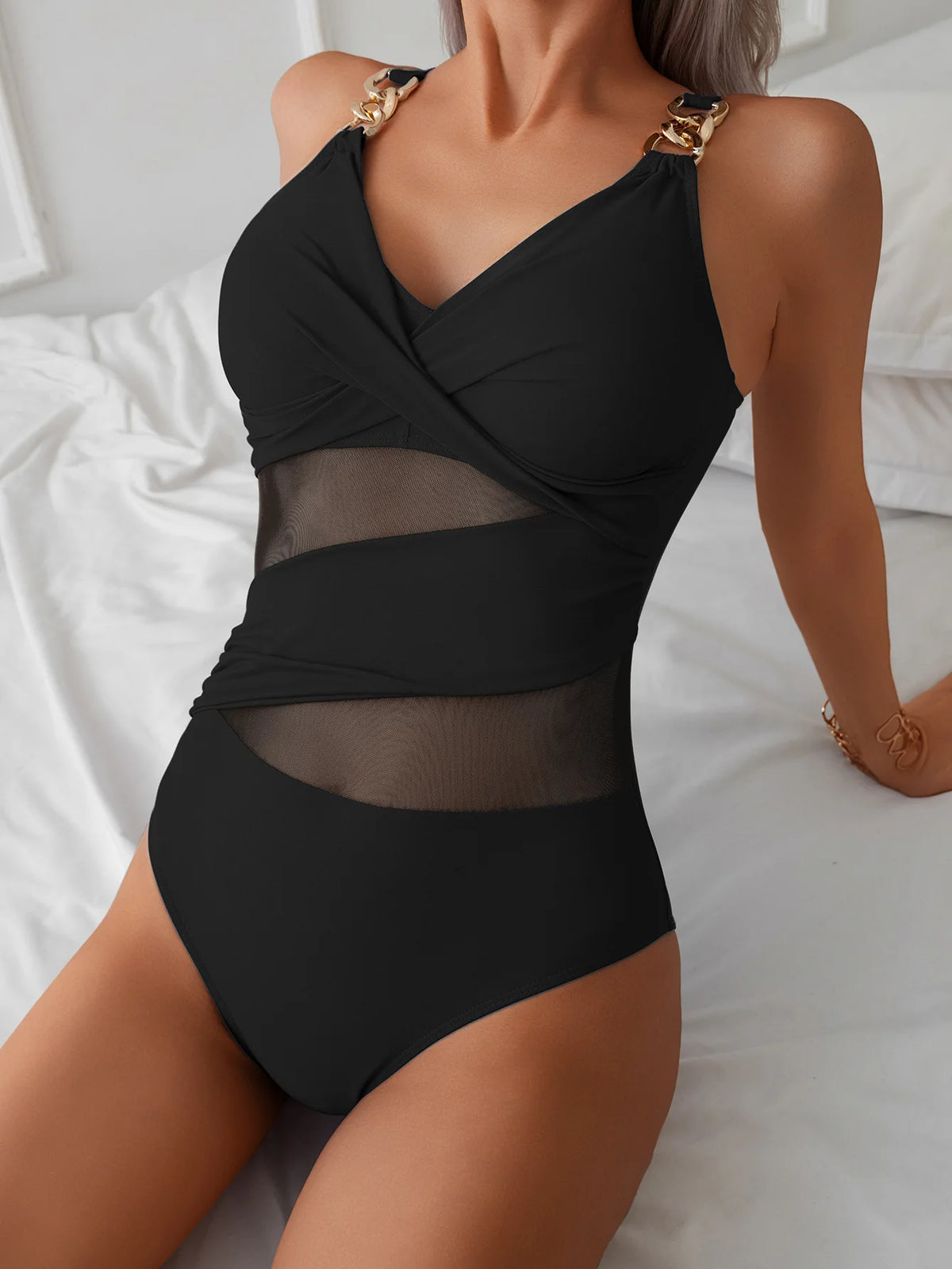 Rose Pink One Piece Swimsuit Female 2025 Swimwear Women Mesh Bathing Suits Summer Beach Wear Chain Linked Monokini Swimming Suit
