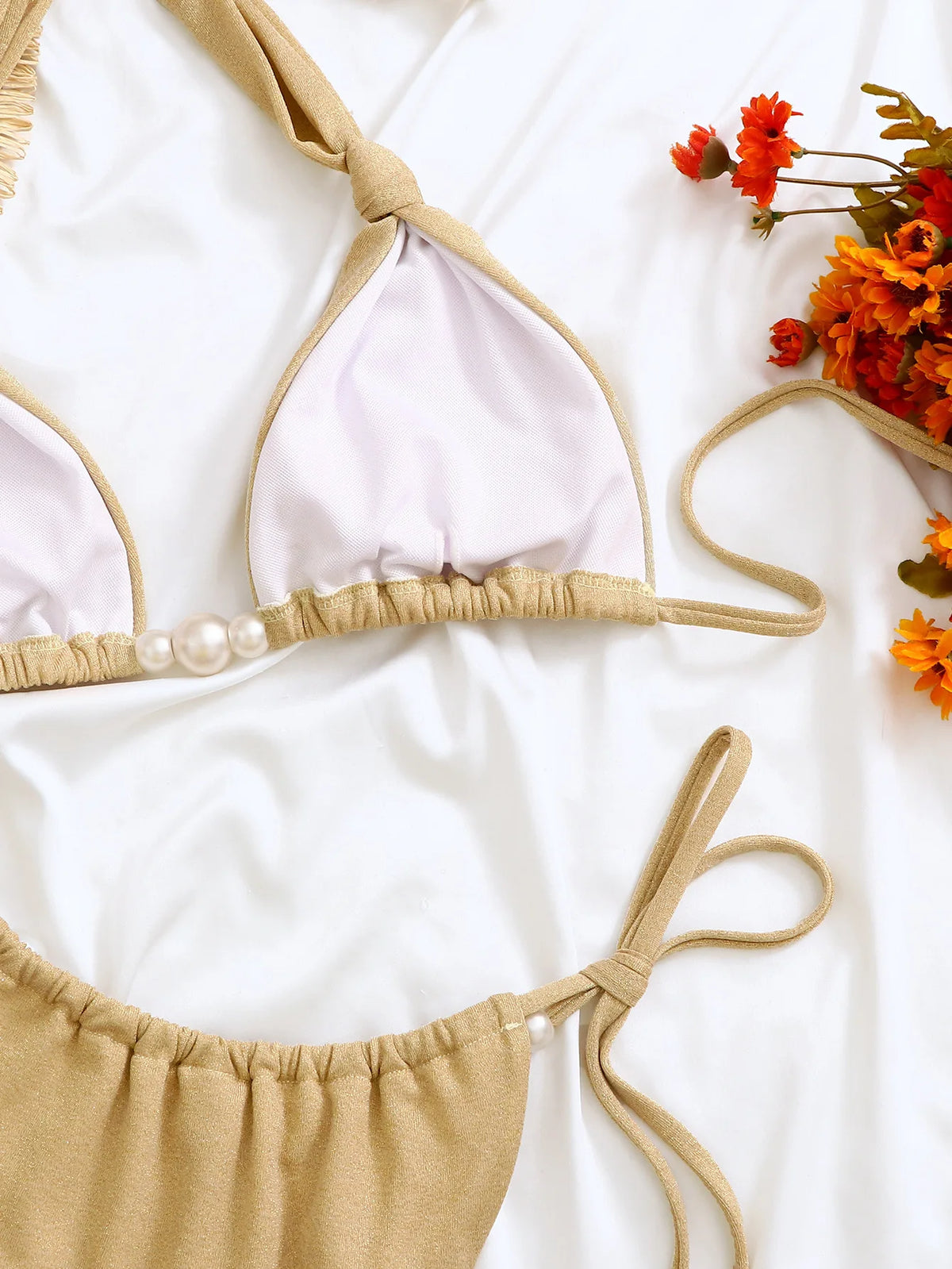 Sexy Pearls Triangle Bikini Set 2026 Women Khaki Bow Strap Push Up Bra Holiday Swimsuit Brazilian Bathing Suit Micro Swimwear