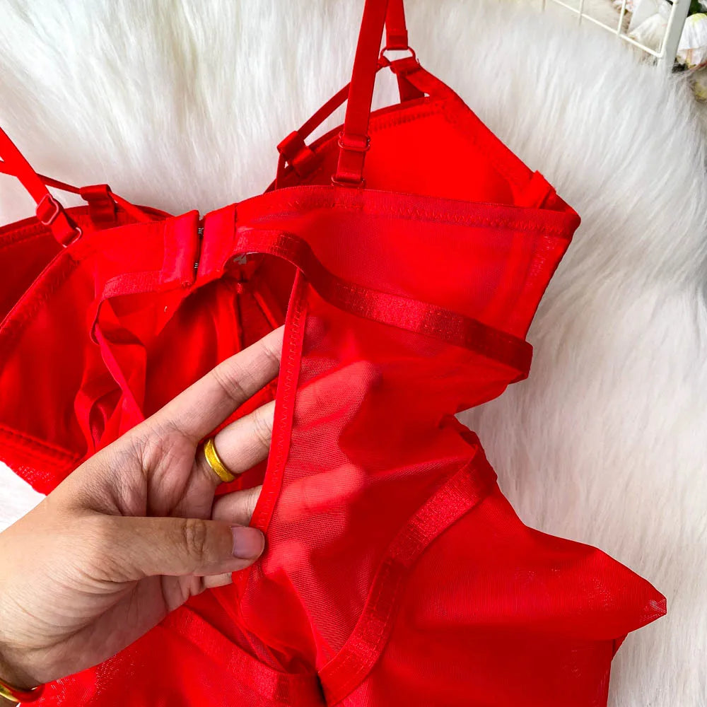 MOYISU Sexy Western Style Bodysuit for Women Sheer Net Halter Push Up Pads Summer Lingerie Figure Control See Through Hot Sale