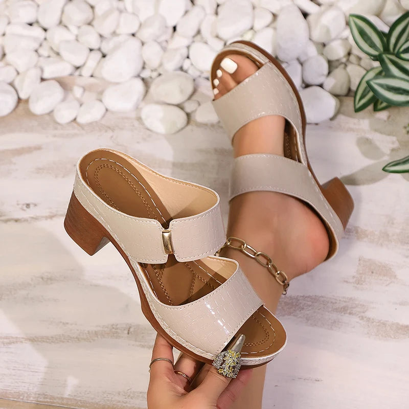 Fashion Green High Heels Sandals Women Summer 2025 Pu Leather Square Heel Sandals Slides Woman Slip-On Platform Sandalias Mujer