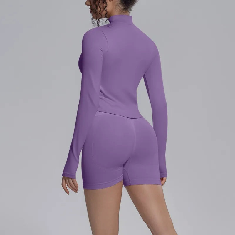 Women's Seamless Yoga Sets Sports Fitness Gym Zipper Long-Sleeve Jacket Hip Lift High-Waist Shorts Suits Workout Training Sets