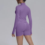 Women's Seamless Yoga Sets Sports Fitness Gym Zipper Long-Sleeve Jacket Hip Lift High-Waist Shorts Suits Workout Training Sets