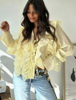 Women's Layered Bell Sleeve Blouse Yellow Ruffled Sheer Blouse V Neck Tie Front Long Sleeve Casual Top With Puffed Sleeves BLZW