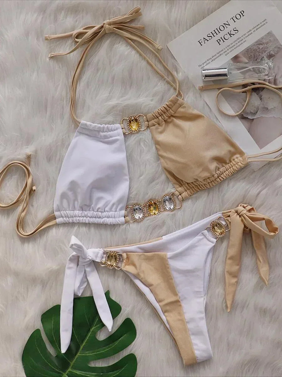 2026 Leopard Rhinestone Jewelled Bikini Women Hollow out Swimsuit female Thong Swimwear Diamond Bikini Set Halter Bathing Suit