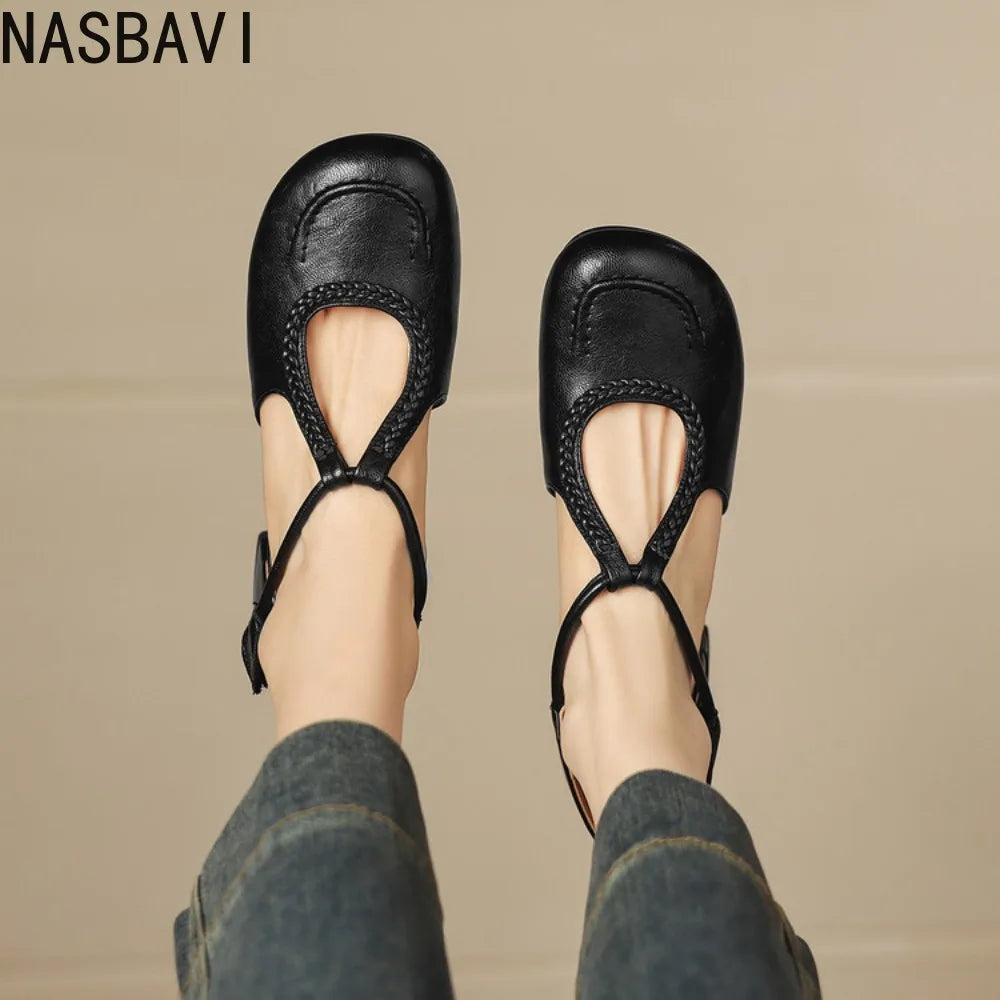 Women's T-Strap Shallow Flat Sandals Soft Leather Rome French Slip-on Single Shoes Retro Round Toe Shoes for Women Summer 32-43