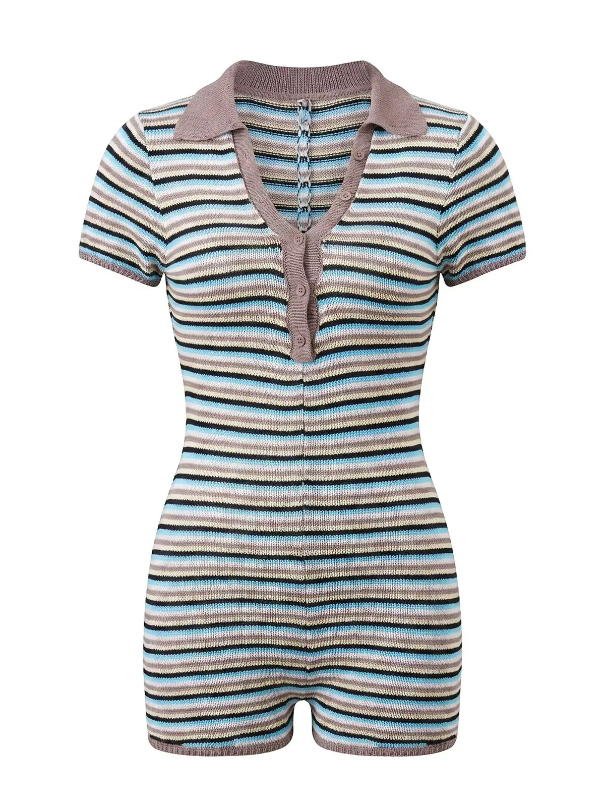 Women Summer Romper Short Sleeve Buttons Turn Down Collar Bodycon Jumpsuits Casual Daily Fashion Knit Striped Playsuits