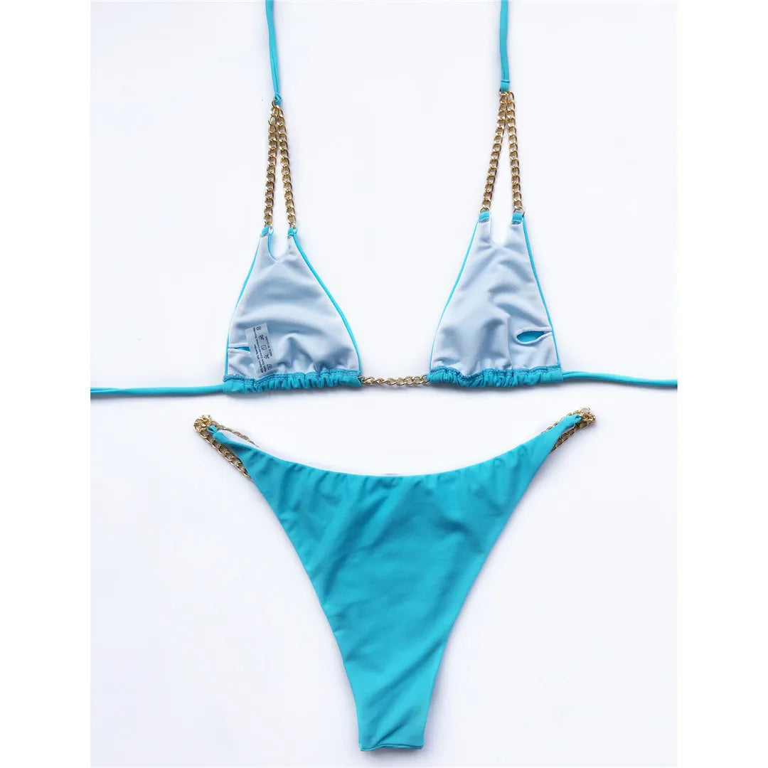 7 Colors Sexy Halter Bikini Female Swimsuit Women Swimwear Two-Pieces Bikini Set Metal Chain Bather Bathing Suit Swim Lady V2362
