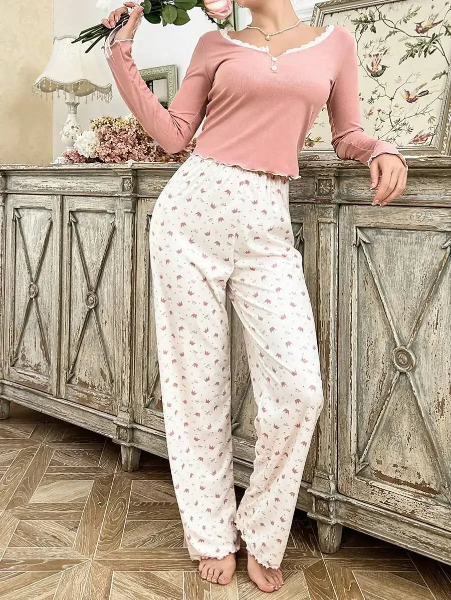 Women SleepwearLong Sleeve T-shirt with Long Trouses Set Autumn Winter Pajamas Set Homewear Femme Loungewear