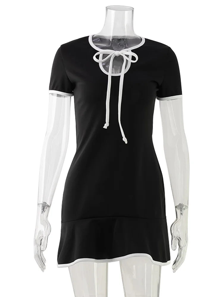 Ahagaga Fashion Women's Mini Dresses Solid Short Sleeves Bows Sheath Slim Fit Bodycon Hollow Out Summer Leisure Sports Vestidos