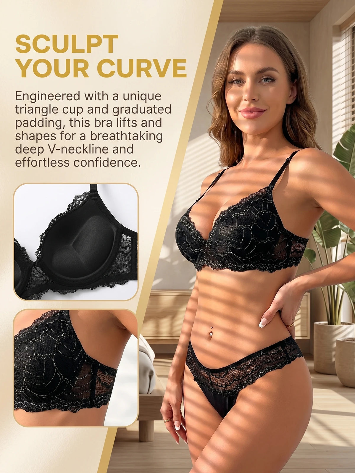 Women Black Lace Bra Set Sexy Floral 3/4 Cup Push Up Padded Lingerie Set Bralette and Panty Set B6116