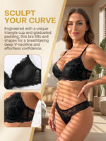 Women Black Lace Bra Set Sexy Floral 3/4 Cup Push Up Padded Lingerie Set Bralette and Panty Set B6116