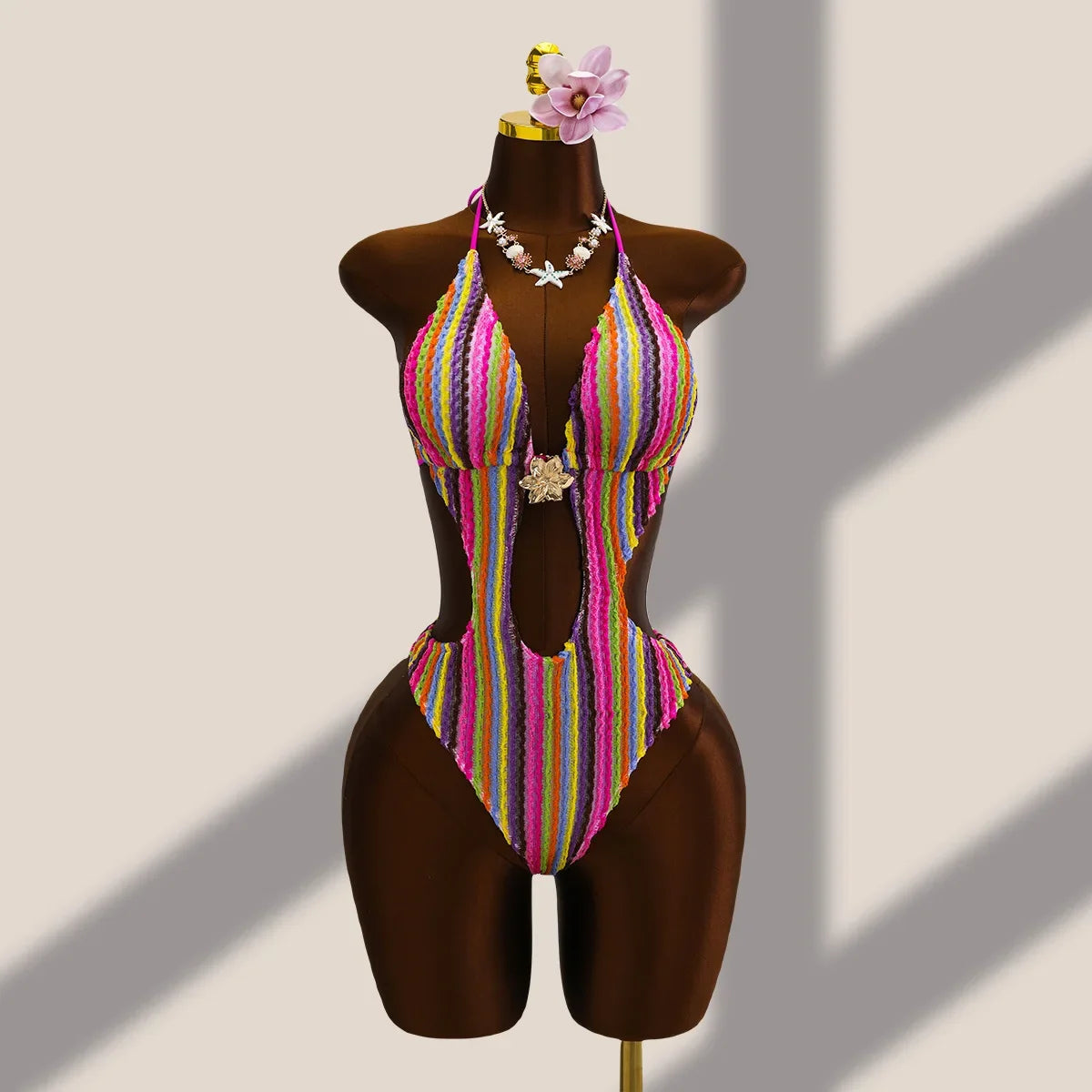 Vintage Black Striped One Piece Swimwear Women 2026 3D Metal Flower Hollow Out Backless Beach Holiday Bathing Suit Swimsuit