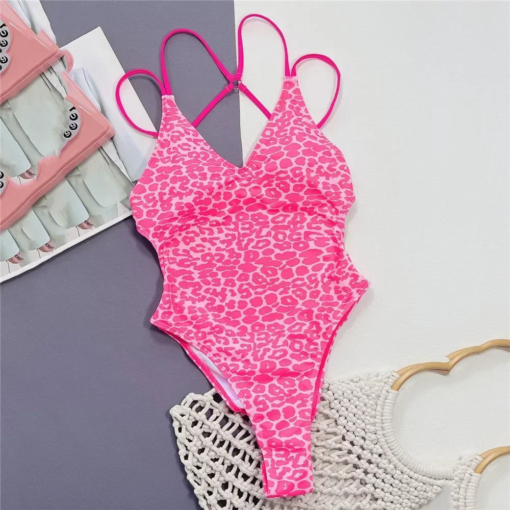 Leopard Print Backless Sexy Swimsuit Women One Piece Swimwear Back String Cross Bather High Cut Monokini Bathing Swimming Suit