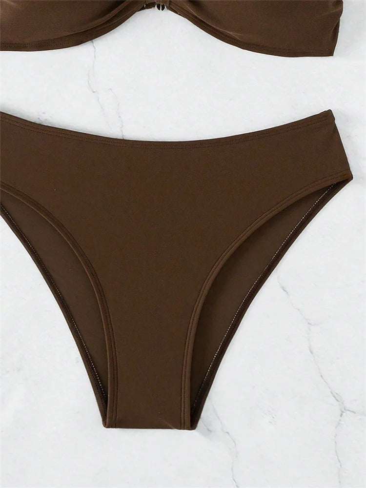 Sexy Front Tie Bikini Set Women Brown Halter Push Up Padded Micro Swimsuit 2025 Summer Bathing Suit High Waist Swimwear Biquini