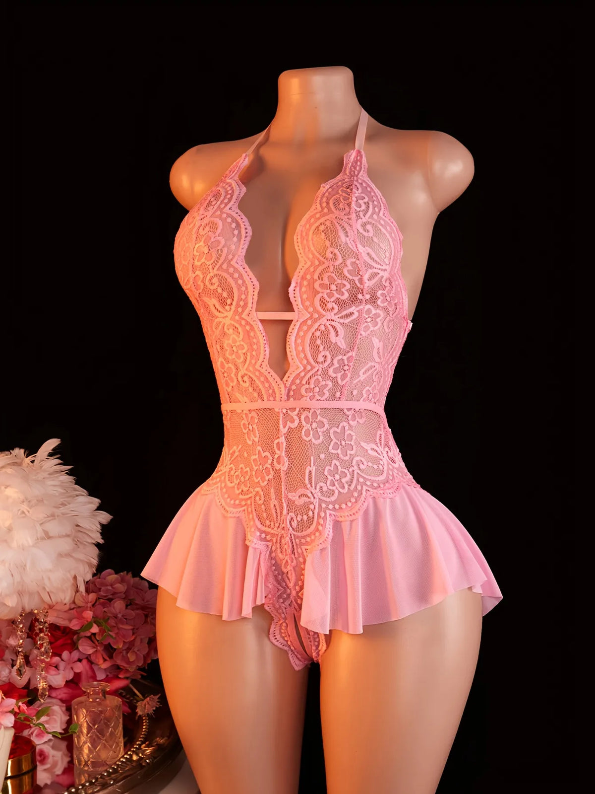 Women's Lace Bodysuit Halter Neck Deep V Backless Floral Sheer One Piece Lingerie with Ruffle Skirt for Nightwear
