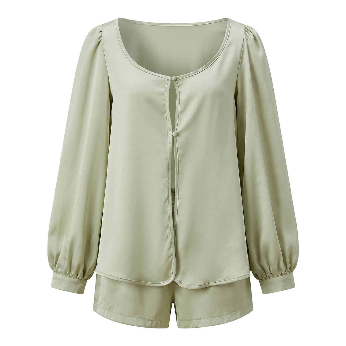 Women’s Casual 2 Piece Outfits Long Lantern Sleeve Button Down Tops + Shorts Set Solid Color Loose Suits