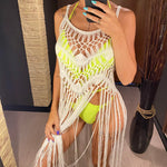 3 Colors Hollow Out Fringe Tassel Knitted Crochet Tunic Beach Cover Up Cover-ups Beach Dress Beach Wear Beachwear Female V3847