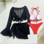 Sexy 4 Pieces Bikinis Sets Women Mesh Long Sleeve Cover Up Beach Skirt Swimwear Holiday Beach Bathing Suit Patchwork Swimsuit