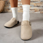 Women Suede Clog Mule Slippers Adjustable Buckle Closed Toe Backless Flat Indoor Outdoor Casual Shoes