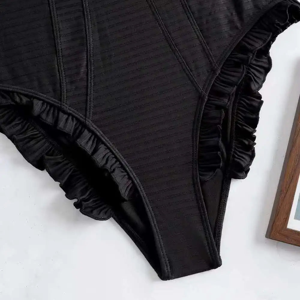 Push Up One Piece Swimsuit Female 2026 Swimwear Women Slim Bathing Suits Summer Beach Wear Frill Monokini Swimming Suit Black